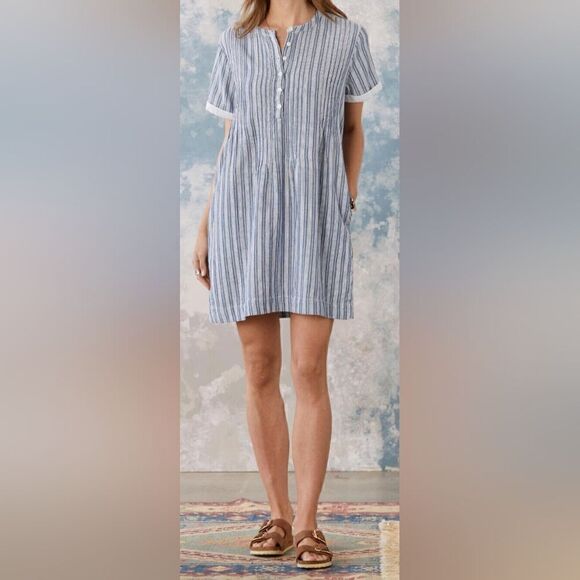 Dylan Plaza Dress Blue and White Stripe Short Sleeve (Sundance Catalog) - Picture 1 of 13